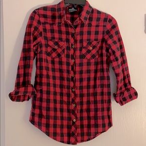 Pink and black plaid long sleeve button up top